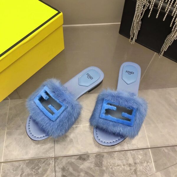 Fendi Signature Blue Mink Slides For Women
