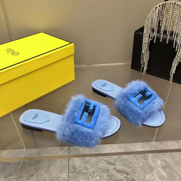 Fendi Signature Blue Mink Slides For Women