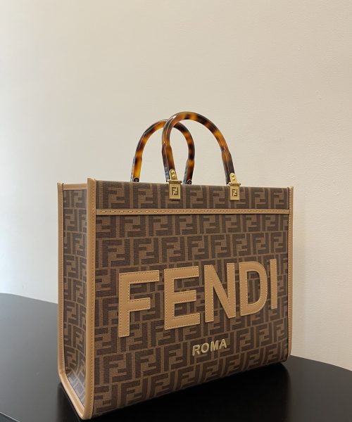1:1 Replica Fendi Sunshine Medium Brown FF jacquard fabric shopper Bag For Woman 31cm/12in