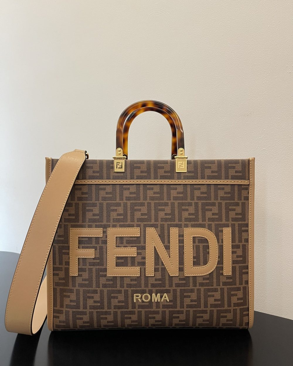 1:1 Replica Fendi Sunshine Medium Brown FF jacquard fabric shopper Bag For Woman 31cm/12in