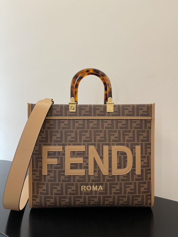1:1 Replica Fendi Sunshine Medium Brown FF jacquard fabric shopper Bag For Woman 31cm/12in