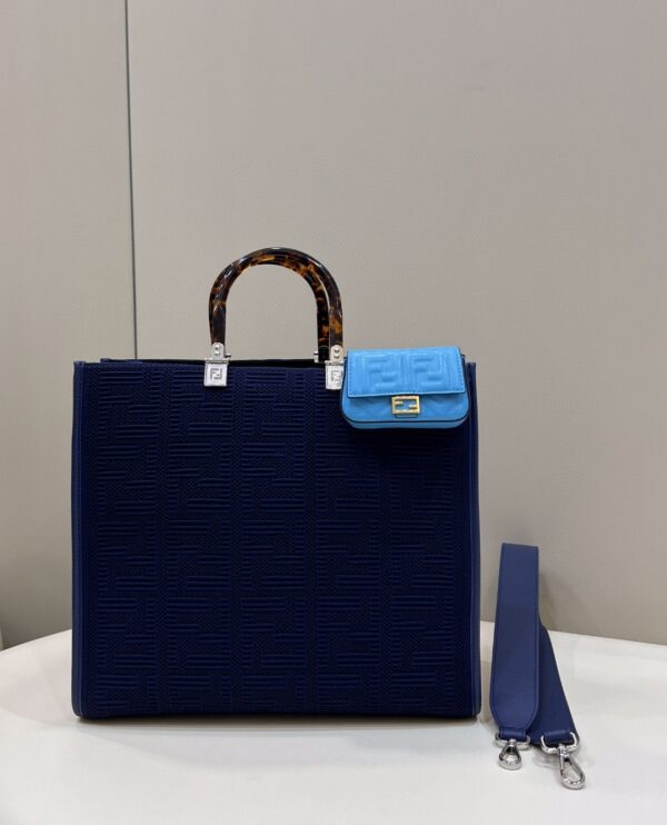 1:1 Replica Fendi Sunshine Medium Navy Blue FF fabric shopper Bag For Woman 31cm/12in
