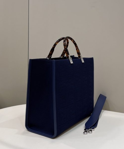1:1 Replica Fendi Sunshine Medium Navy Blue FF fabric shopper Bag For Woman 31cm/12in