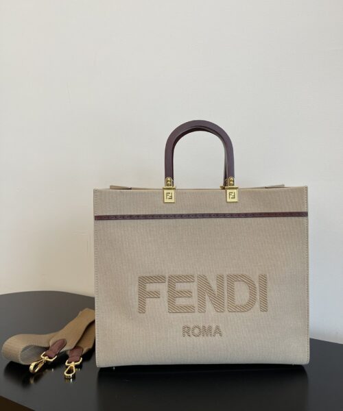 1:1 Replica Fendi Sunshine Medium Tote Bag Beige Canvas For Women, Women's Bags, Shoulder Bags 13.8in/35cm FF 8BH386