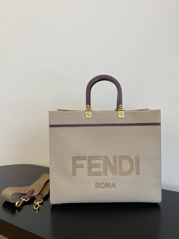 1:1 Replica Fendi Sunshine Medium Tote Bag Beige Canvas For Women, Women's Bags, Shoulder Bags 13.8in/35cm FF 8BH386