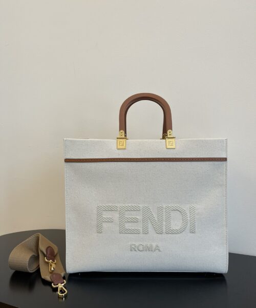 1:1 Replica Fendi Sunshine Medium Tote Bag Light Grey Canvas For Women, Women's Bags, Shoulder Bags 13.8in/35cm FF 8BH386