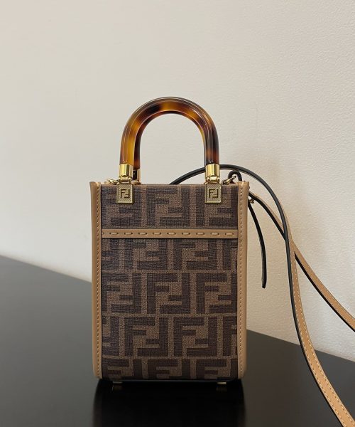 1:1 Replica Fendi Sunshine Shopper Brown FF Fabric Brown Mini Bag For Woman 13cm/5in
