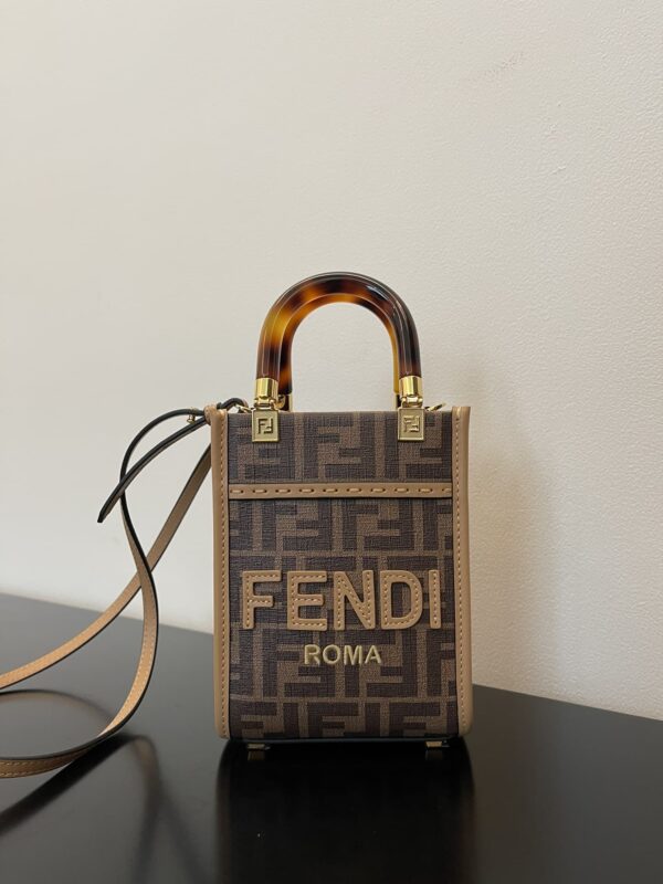 1:1 Replica Fendi Sunshine Shopper Brown FF Fabric Brown Mini Bag For Woman 13cm/5in