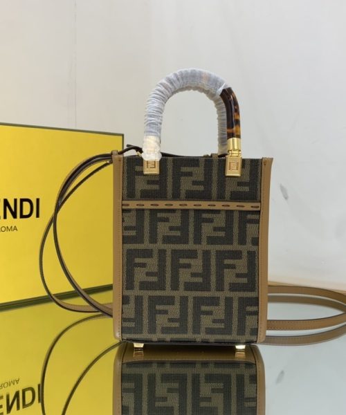 1:1 Replica Fendi Sunshine Shopper Brown FF Fabric Mini Bag For Woman 13cm/5in