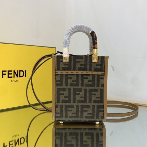 1:1 Replica Fendi Sunshine Shopper Brown FF Fabric Mini Bag For Woman 13cm/5in