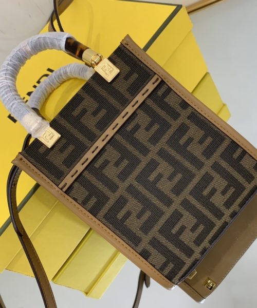 1:1 Replica Fendi Sunshine Shopper Brown FF Fabric Mini Bag For Woman 13cm/5in