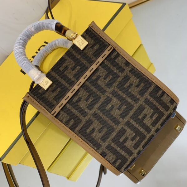 1:1 Replica Fendi Sunshine Shopper Brown FF Fabric Mini Bag For Woman 13cm/5in