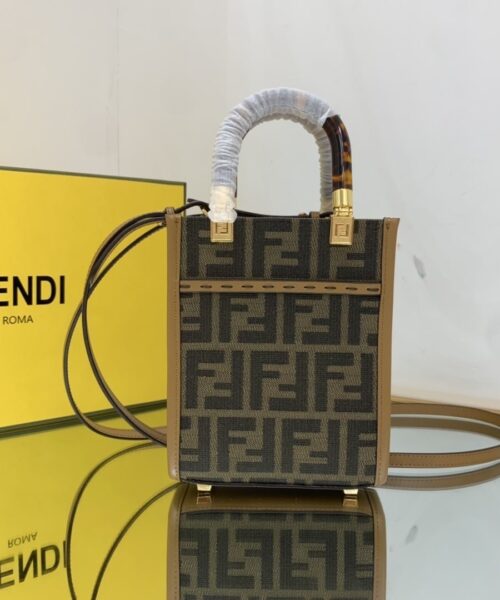 1:1 Replica Fendi Sunshine Shopper Brown FF Fabric Mini Bag For Woman 13cm/5in