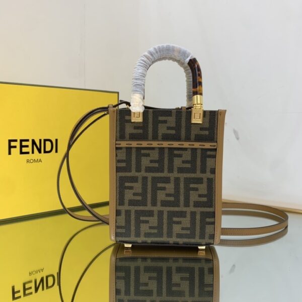 1:1 Replica Fendi Sunshine Shopper Brown FF Fabric Mini Bag For Woman 13cm/5in