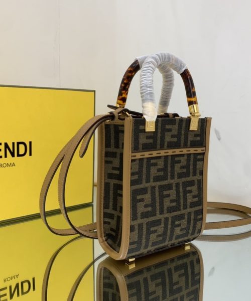 1:1 Replica Fendi Sunshine Shopper Brown FF Fabric Mini Bag For Woman 13cm/5in