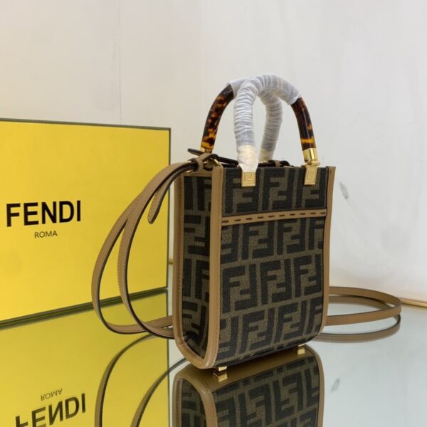 1:1 Replica Fendi Sunshine Shopper Brown FF Fabric Mini Bag For Woman 13cm/5in