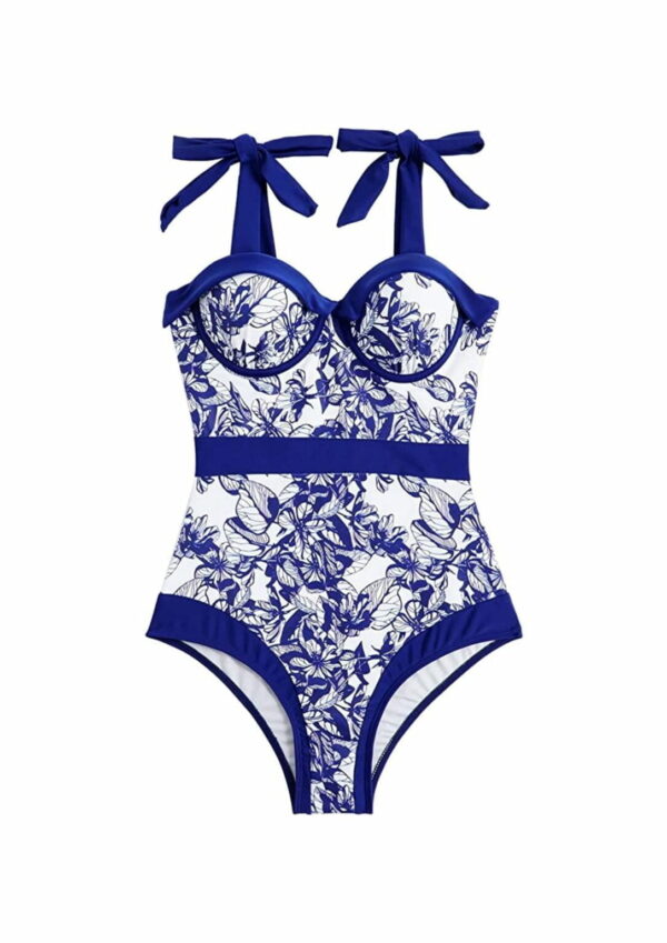 Floral Print Strap One Piece Swimsuit Blue For Women