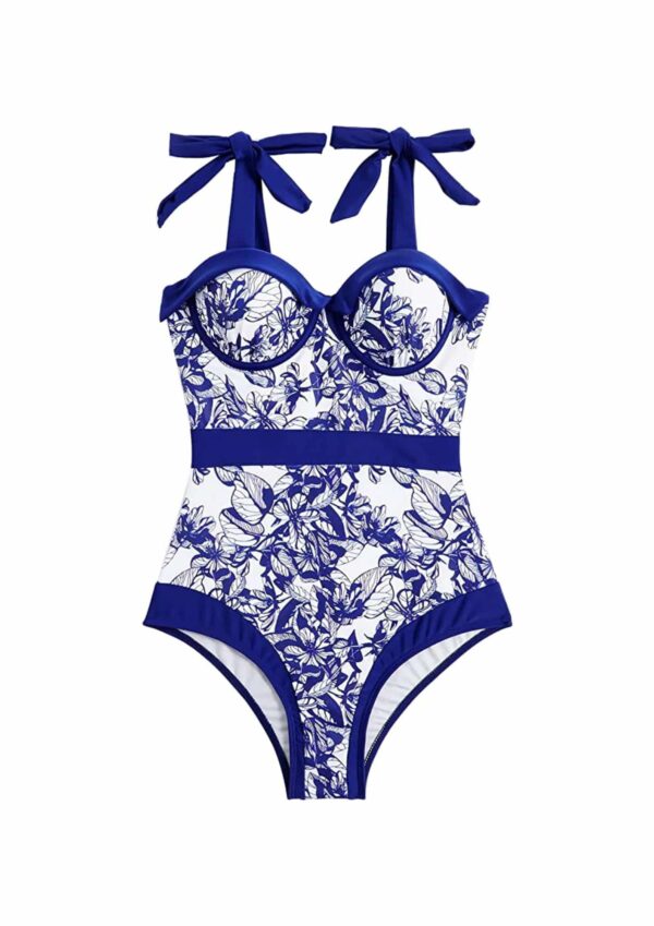 Floral Print Strap One Piece Swimsuit Blue For Women