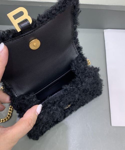 Furry Hourglass XS Handbag With Chain In Black For Women 5.5in/14cm