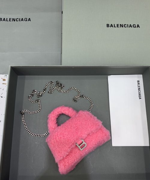 Furry Hourglass XS Handbag With Chain In Pink/Grey For Women 5.5in/14cm