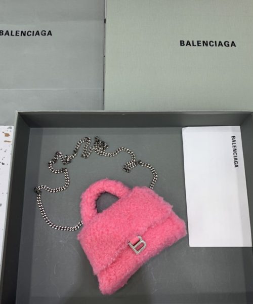 Furry Hourglass XS Handbag With Chain In Pink/Grey For Women 5.5in/14cm