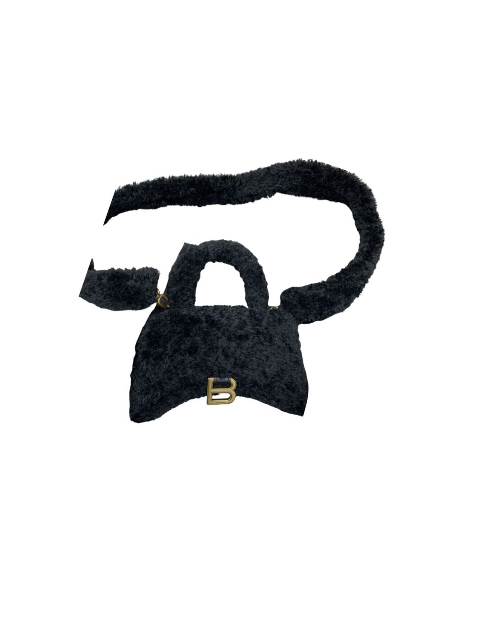 Furry Hourglass XS Handbag With Strap In Black For Women 7.4in/19cm
