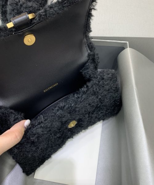 Furry Hourglass XS Handbag With Strap In Black For Women 7.4in/19cm