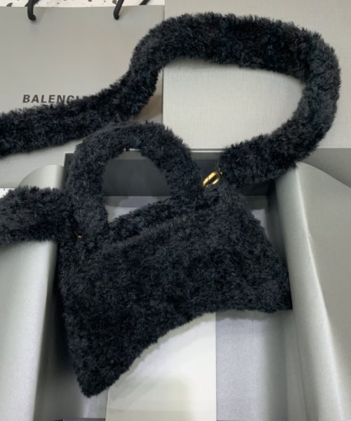 Furry Hourglass XS Handbag With Strap In Black For Women 7.4in/19cm