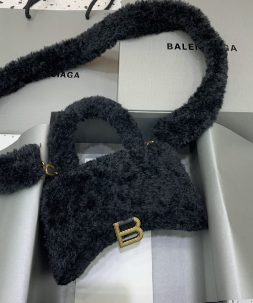 Furry Hourglass XS Handbag With Strap In Black For Women 7.4in/19cm