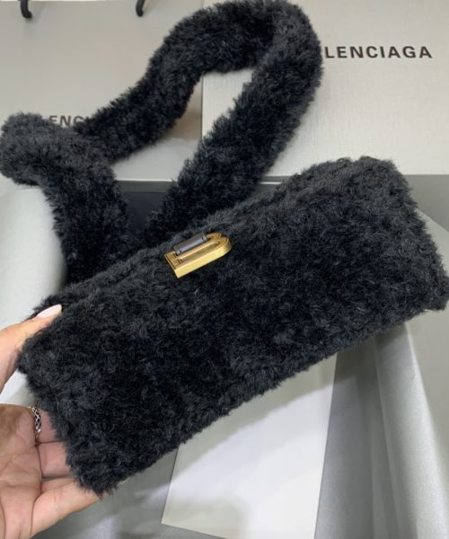 Furry Hourglass XS Handbag With Strap In Black For Women 7.4in/19cm