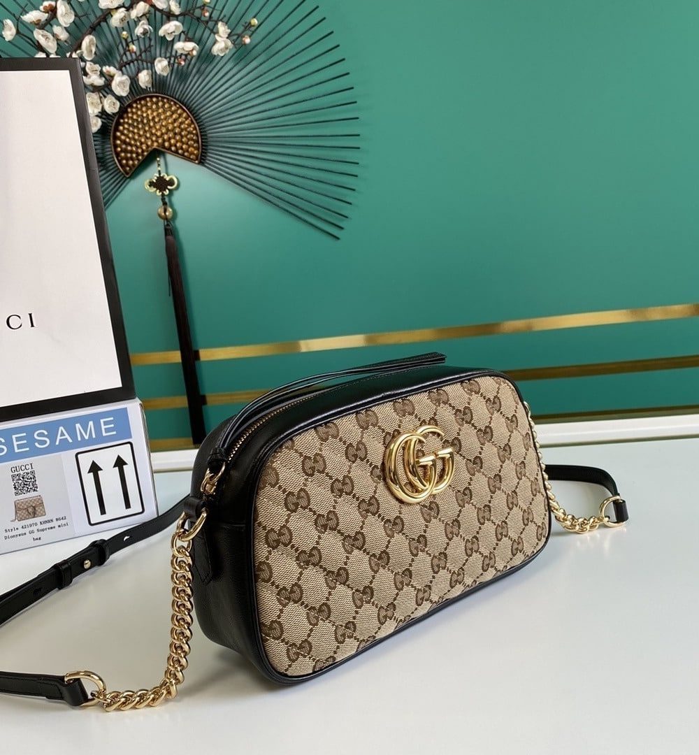 1:1 Replica GG Marmont Small Shouder Bag Beige/Ebony Diagonal Matelassé Original GG Canvas For Women 10in/24cm 447632 HVKEG 9772