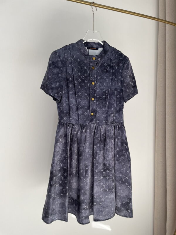 Gold Tone Buttons Babydoll Dress Blue For Women