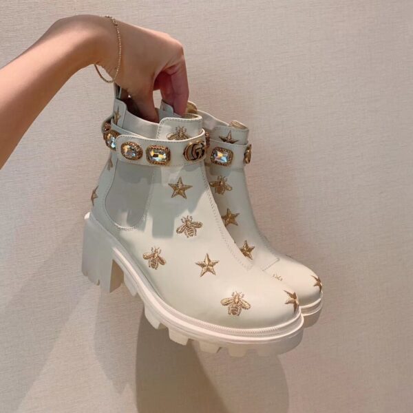 Gucci Ankle Boot With Belt Star And Bee White For Women GG