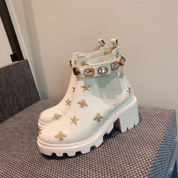 Gucci Ankle Boot With Belt Star And Bee White For Women GG