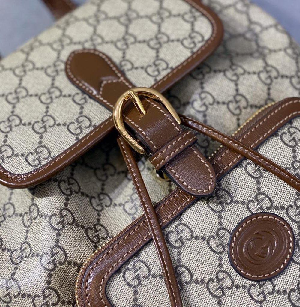 1:1 Replica Gucci Backpack With Interlocking G Beige And Ebony GG Supreme Canvas Brown 11.8in/30cm GG 674147 92THG 8563