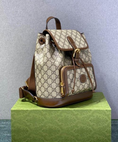 1:1 Replica Gucci Backpack With Interlocking G Beige And Ebony GG Supreme Canvas Brown 11.8in/30cm GG 674147 92THG 8563