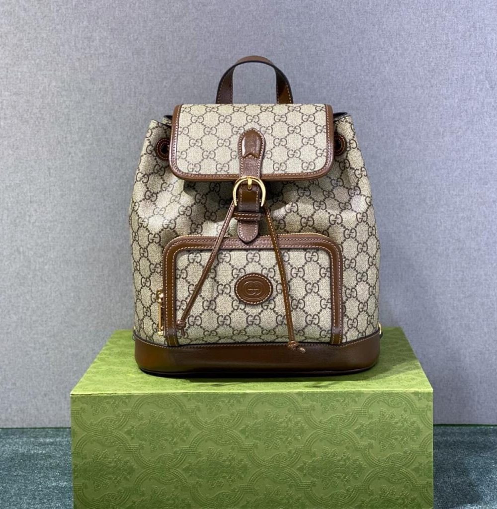 1:1 Replica Gucci Backpack With Interlocking G Beige And Ebony GG Supreme Canvas Brown 11.8in/30cm GG 674147 92THG 8563