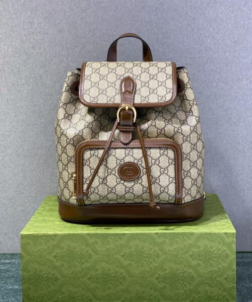 1:1 Replica Gucci Backpack With Interlocking G Beige And Ebony GG Supreme Canvas Brown 11.8in/30cm GG 674147 92THG 8563