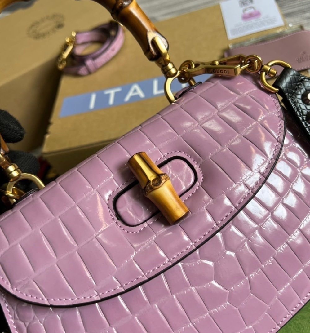 1:1 Replica Gucci Bamboo 1947 Crocodile Top Handle Bag Pink For Women, Women's Bags 10.2in/26cm GG