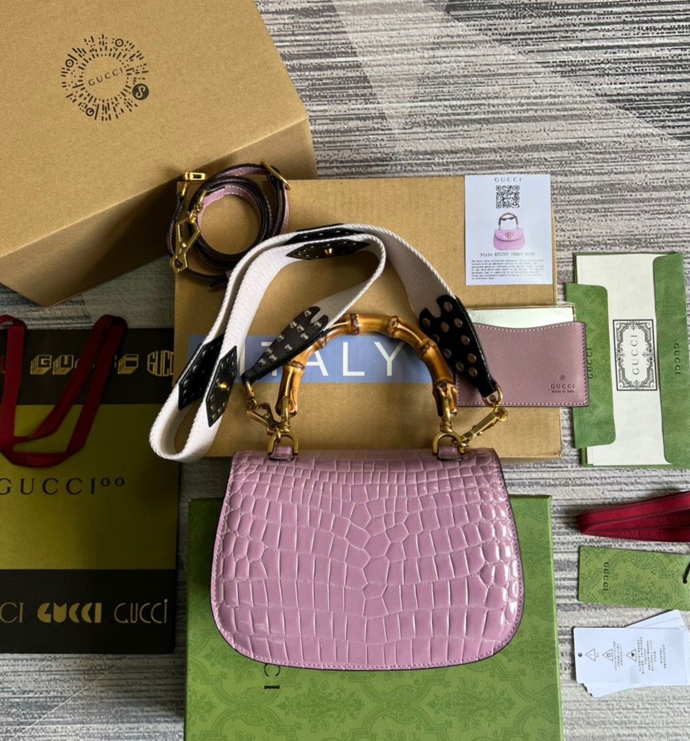 1:1 Replica Gucci Bamboo 1947 Crocodile Top Handle Bag Pink For Women, Women's Bags 10.2in/26cm GG