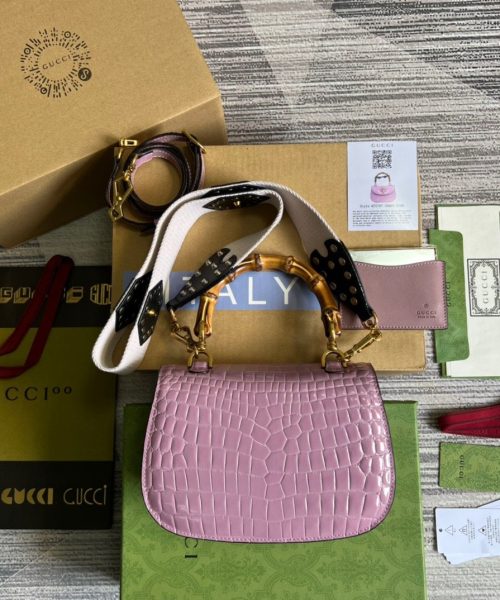 1:1 Replica Gucci Bamboo 1947 Crocodile Top Handle Bag Pink For Women, Women's Bags 10.2in/26cm GG