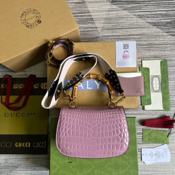 1:1 Replica Gucci Bamboo 1947 Crocodile Top Handle Bag Pink For Women, Women's Bags 10.2in/26cm GG