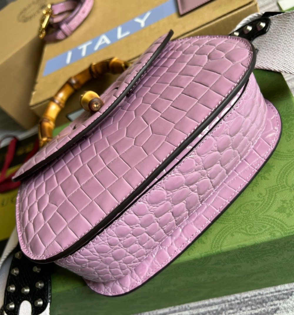 1:1 Replica Gucci Bamboo 1947 Crocodile Top Handle Bag Pink For Women, Women's Bags 10.2in/26cm GG