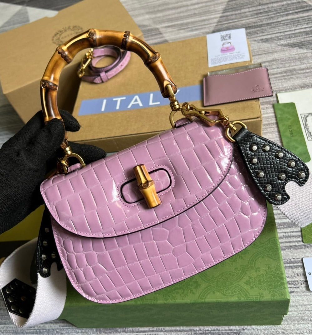 1:1 Replica Gucci Bamboo 1947 Crocodile Top Handle Bag Pink For Women, Women's Bags 10.2in/26cm GG