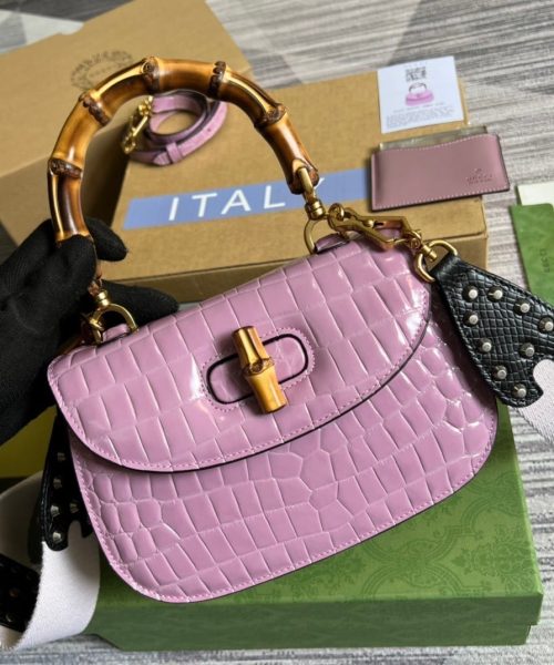 1:1 Replica Gucci Bamboo 1947 Crocodile Top Handle Bag Pink For Women, Women's Bags 10.2in/26cm GG