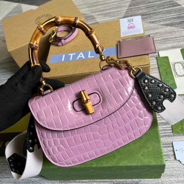 1:1 Replica Gucci Bamboo 1947 Crocodile Top Handle Bag Pink For Women, Women's Bags 10.2in/26cm GG