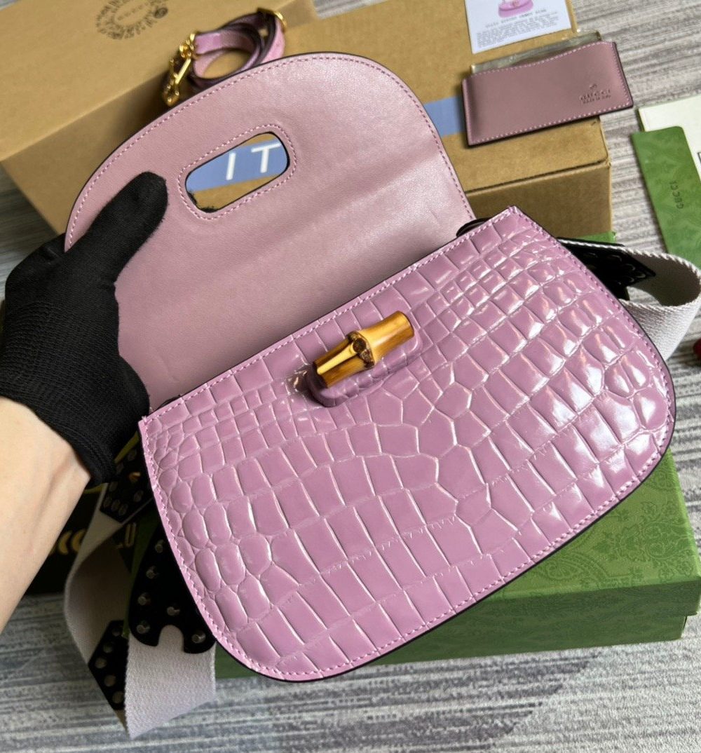 1:1 Replica Gucci Bamboo 1947 Crocodile Top Handle Bag Pink For Women, Women's Bags 10.2in/26cm GG