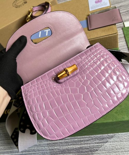 1:1 Replica Gucci Bamboo 1947 Crocodile Top Handle Bag Pink For Women, Women's Bags 10.2in/26cm GG