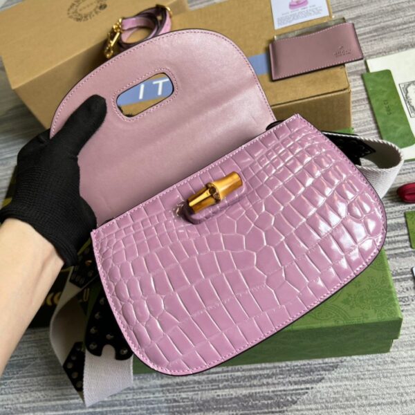 1:1 Replica Gucci Bamboo 1947 Crocodile Top Handle Bag Pink For Women, Women's Bags 10.2in/26cm GG
