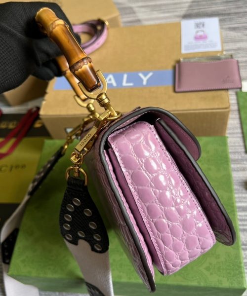1:1 Replica Gucci Bamboo 1947 Crocodile Top Handle Bag Pink For Women, Women's Bags 10.2in/26cm GG